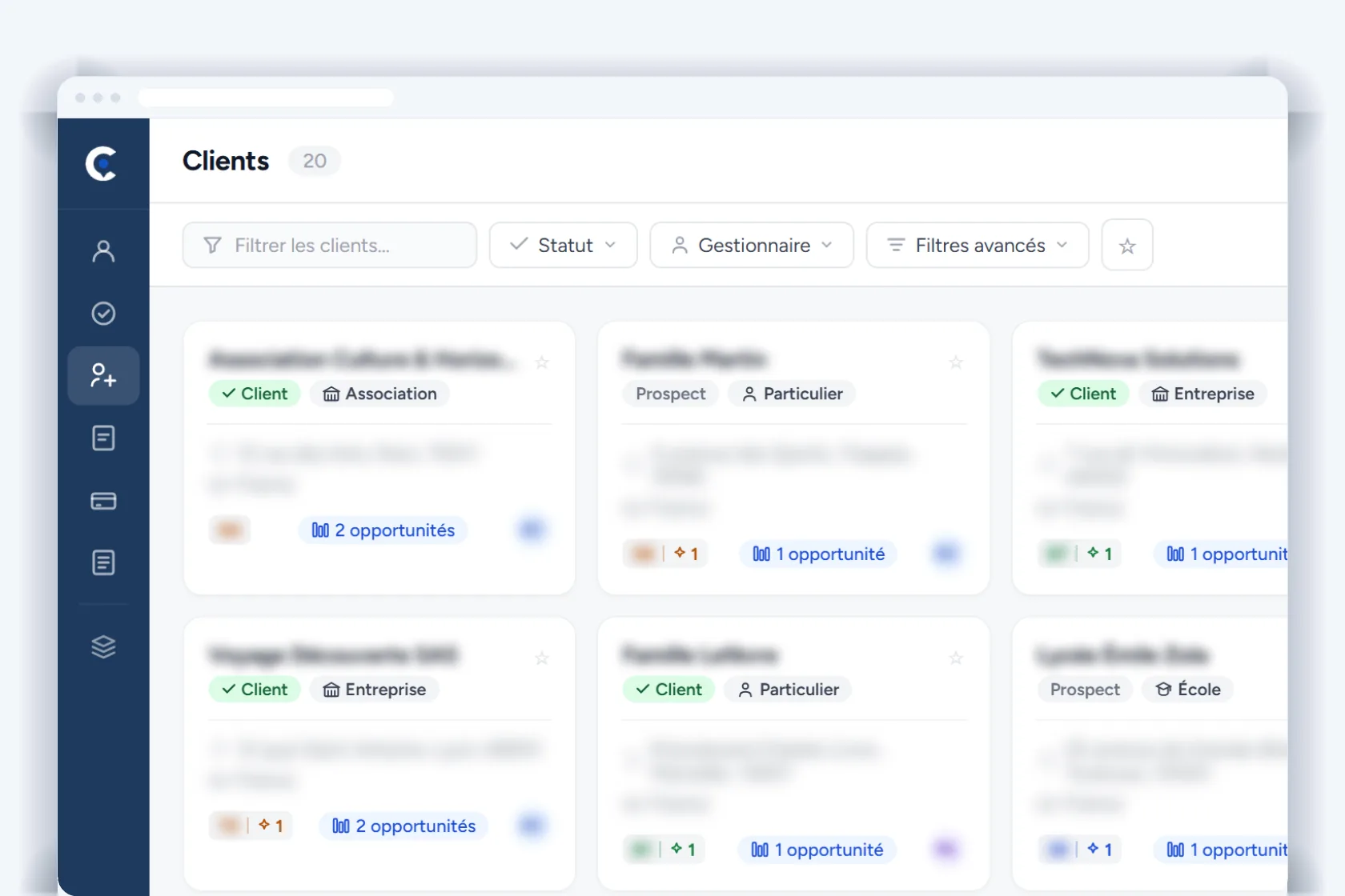 Liste des clients avec statut prospect/client et nombre de projets