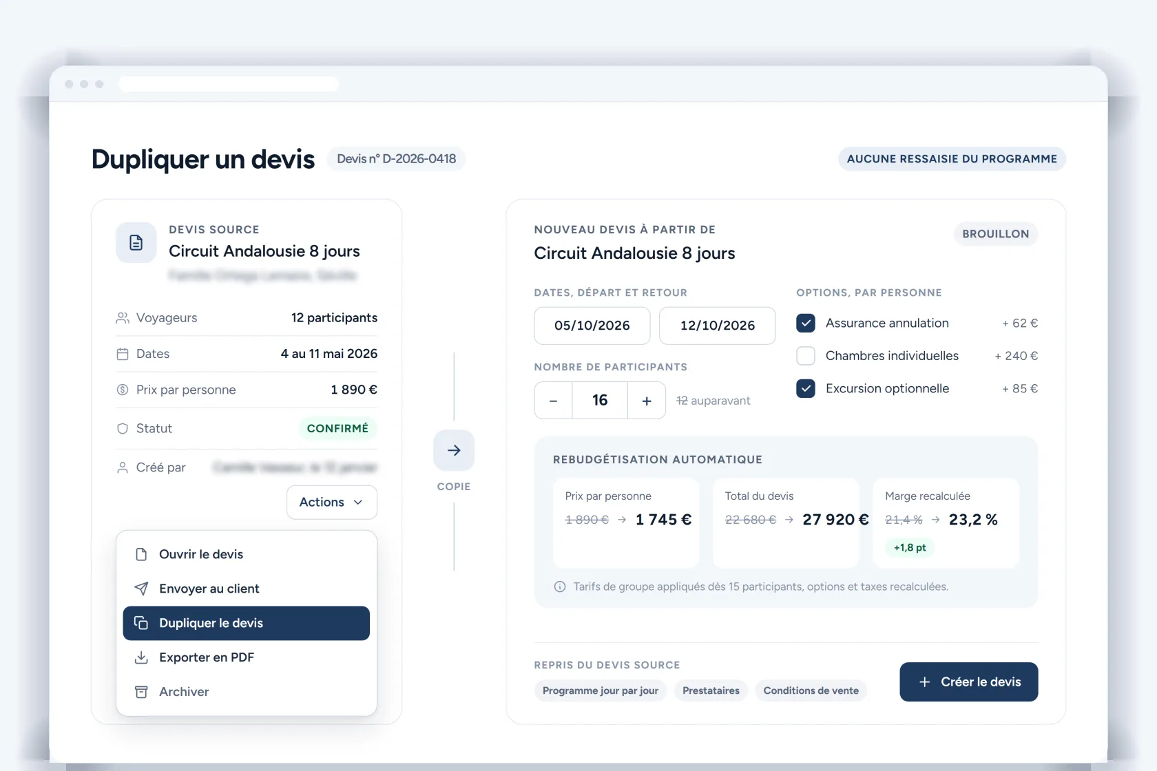Menu d'actions avec option dupliquer le devis
