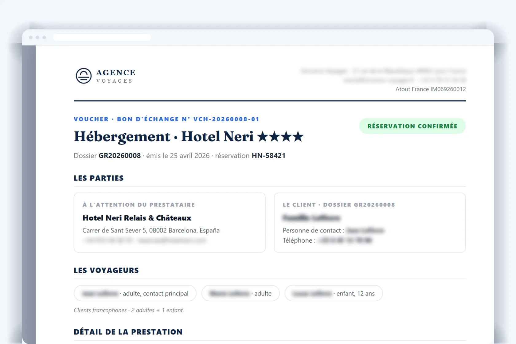 Voucher d'hébergement généré depuis le dossier client avec voyageurs et détail de la prestation