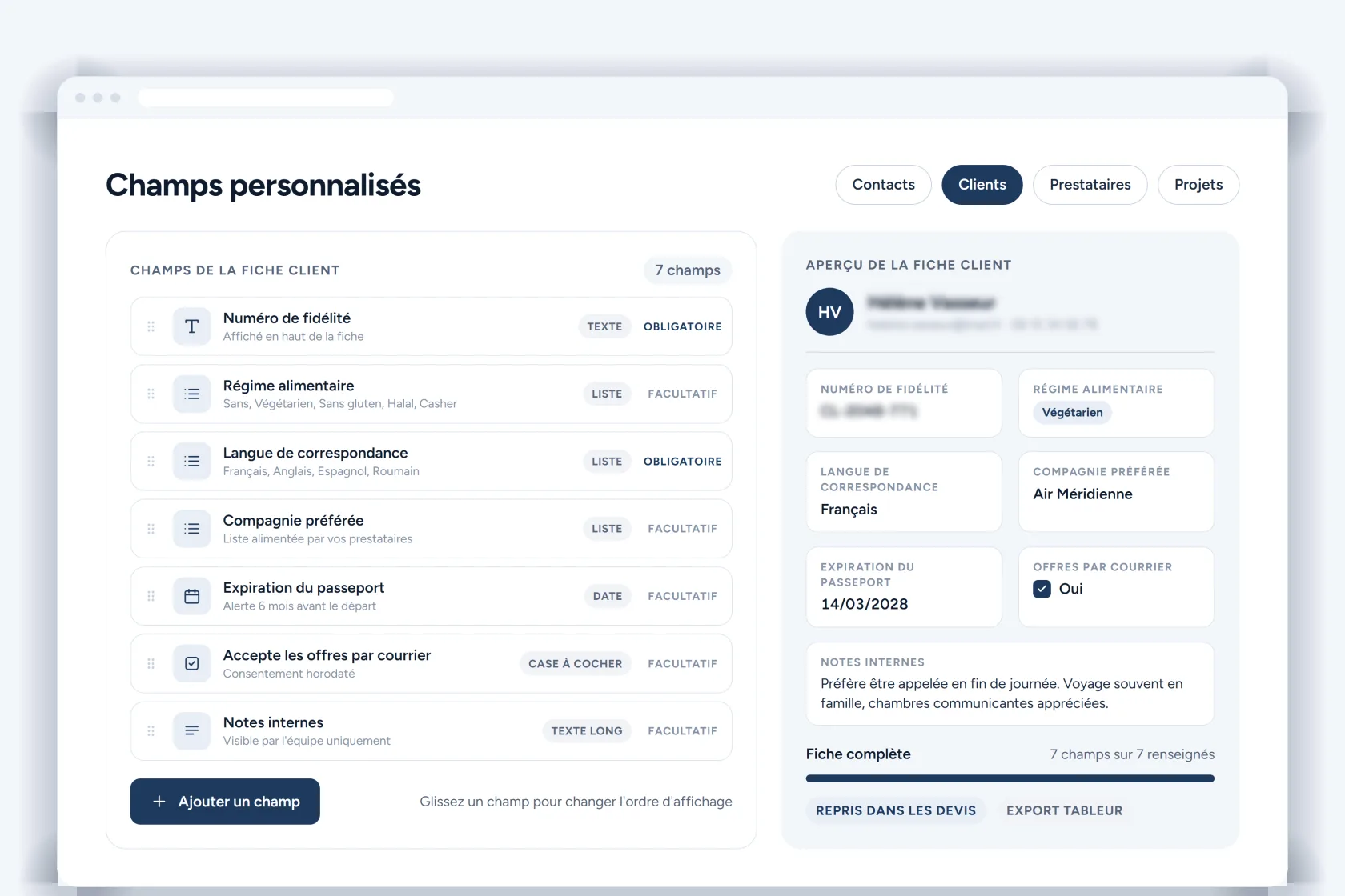 Liste des champs personnalisés par section de l'application